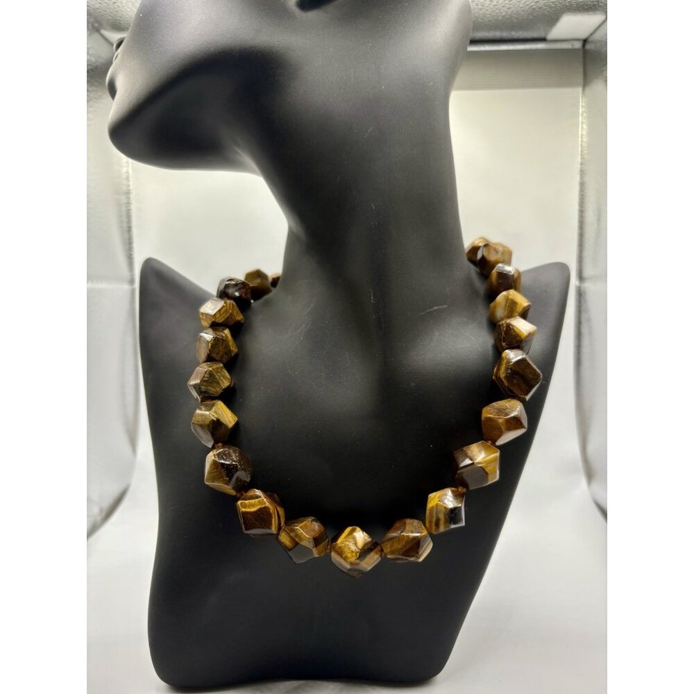 GSJ 925 Sterling Silver Tigers Eye Gemstone Agate Stone Brown Beaded Necklace
